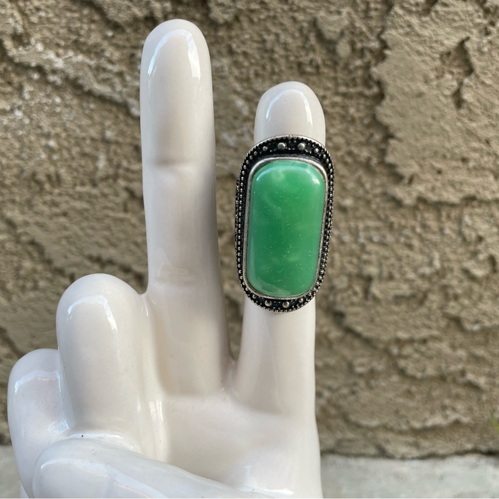 Vintage. Silver Metal, Large Rectangular Green St… - image 2